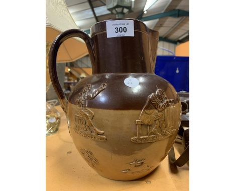 AN EARTHENWARE JUG DEPICTING VINTAGE CHARACTERS IN RELIEF 