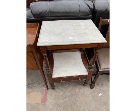 A VICTORIAN MAHOGANY BATHROOM TABLE WITH MARBLE TOP, LOWER SHELF AND SINGLE DRAWER 