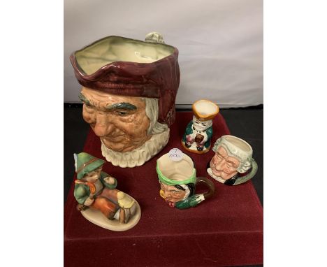 ONE LARGE ROYAL DOULTON TOBY JUG, THREE FURTHER TOBY JUGS AND GOEBEL BOY FIGURINE 