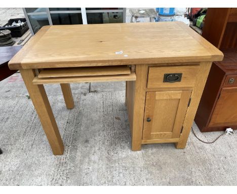 A LIGHT OAK SINGLE PEDESTAL OFFICE COMPUTER DESK, 43x26" 