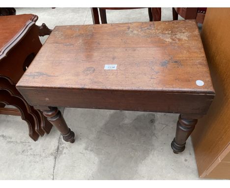 A VICTORIAN MAHOGANY BIDET ON TURNED SUPPORTS (LACKING CERAMIC LINER) 