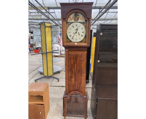 A 19TH CENTURY MAHOGANY AND INLAID EIGHT DAY LONGCASE CLOCK WITH ENAMEL DIAL DEPICTING BRITANNIA 