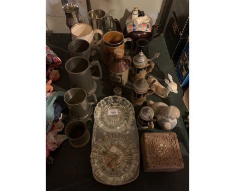 A VARIETY OF METAL AND CERAMIC ITEMS TO INCLUDE TANKARDS A TEAPOT ETC 