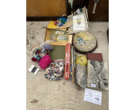 AN ASSORTMENT OF SEWING AND KNITTING ITEMS TO INCLUDE NEEDLES, BOOKS AND TAPESTRY ETC 