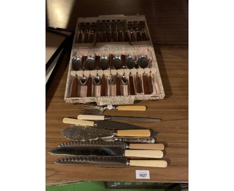 A CANTEEN OF WOODEN HANDLED CUTLERY AND FURTHER KITCHEN KNIVES TO INCLUDE A LARGE FISH KNIFE AND FORK 