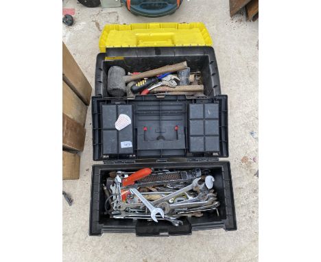 AN ASSORTMENT OF HAND TOOLS TO INCLUDE SPANNERS, PLIERS AND A RASP TO ALSO INCLUDE TWO TOOL BOXES 