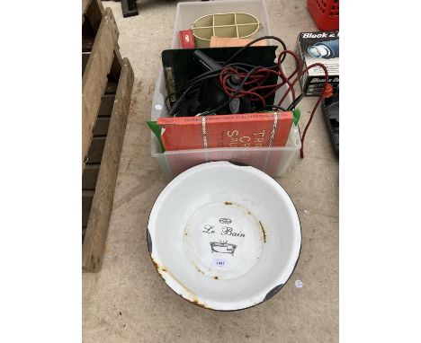 AN ASSORTMENT OF ITEMS TO INCLUDE AN ENAMEL WASH BASIN, MENS CLIPPERS AND VINTAGE TINS ETC 