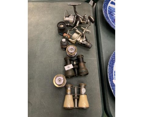 A KUDOS FREESPIN SPECIALIST 500 FISHING REEL, A FOUR BEARINGS SHIMANO FISHING REEL AND TWO PAIRS OF VINTAGE OPERA GLASSES 