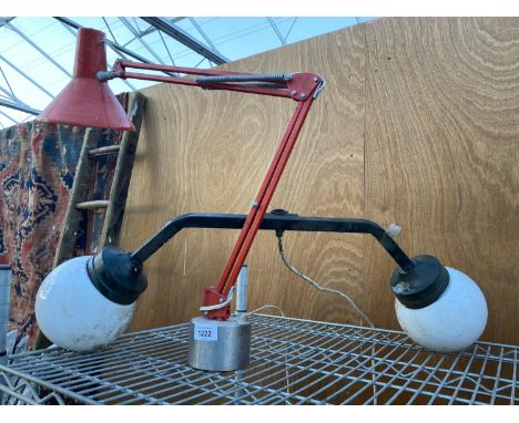 A MID CENTURY VINTAGE TWO ARM ANGLE POISE LAMP WITH A HEAVY METAL BASE TO ALSO INCLUDE A VINTAGE TWO ARM BRACKET LAMP WITH MI