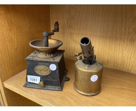 A VINTAGE BALDWIN SON &amp; CO COFFEE MILL AND A FURTHER VINTAGE BLOW TORCH 