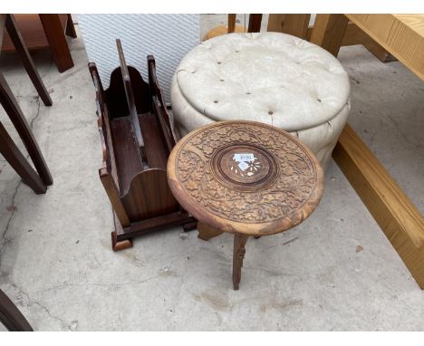 A HARDWOOD ASIAN SMALL TABLE, MAGAZINE RACK AND POUFFE 