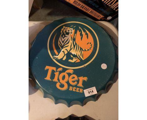 A VINTAGE GARAGE RETRO 'TIGER' HANGING WALL BEER BOTTLE CAP DISPLAY SIGN 35CM 