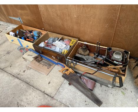 A LARGE QUANTITY OF TOOLS AND HARDWARE ITEMS TO INCLUDE A VINTAGE BOTTLE JACK, LIGHT SWITCHES AND HAND TOOLS ETC 