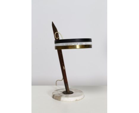 Table lamp. Lacquered metal and brass. Cm 33,00 x 40,00 x 20,00. Table lamp with marble base, brass stem and black lacquered 