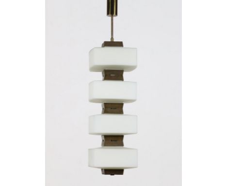 Ceiling lamp. Brass and glass. Cm 88,00. Ceiling lamp, mod. 12819 Formosa, for Arredoluce, 60s. Brushed brass structure, whit