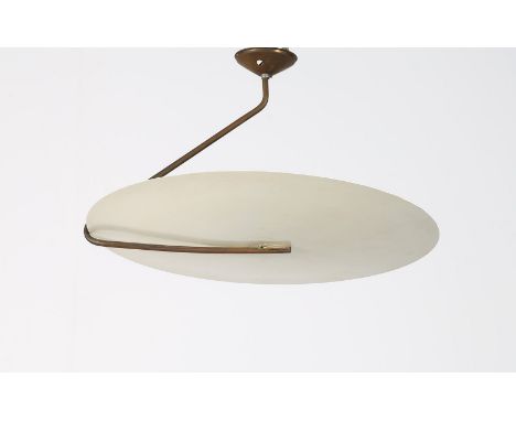 Attributed Ceiling lamp. Brass and aluminium.. Cm 54,00 x 34,00 x 54,00. Rare ceiling lamp with diffuser in white lacquered i