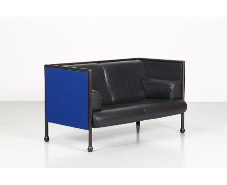 Sofa. Metal and leather. Cm 147,00 x 74,00 x 84,00. Model Danube 850 two-seater sofa, for Cassina, 1992.Structure in black tu