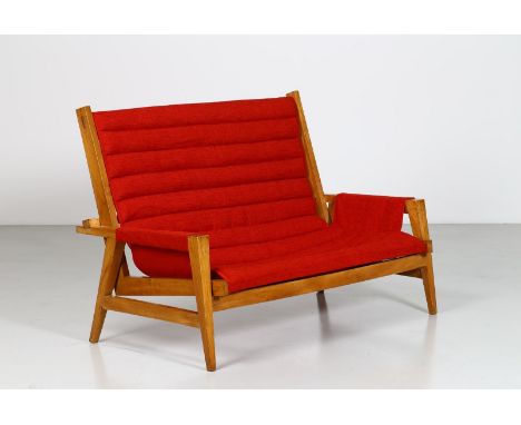 Sofa. Elm wood. Cm 142,00 x 96,00 x 80,00. Sofa in elm and fabric wood, 50s.The strong interest in the physicality of a shape