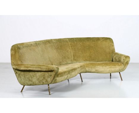 Corner sofa. Wood, fabric and brass. Cm 250,00 x 85,00 x 100,00. Corner sofa, model 830, produced by Cassina, 1955. Base in l