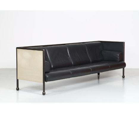 Sofa. Metal and leather. Cm 265,00 x 84,00 x 74,00. Danube 850 model four-seater sofa, for Cassina, 1992.Structure in black t