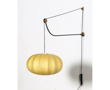 Wall lamp. Cocoon and lacquered metal. Cm 123,00 x 45,00. Arm wall lamp, black lacquered metal stem and cocoon diffuser, 50s.