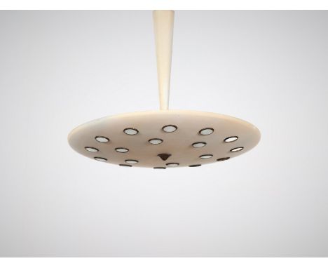 Ceiling lamp. Lacquered metal, brass, glass.. Cm 49,00 x 62,00 x 49,00. Lacquered metal, brass and frosted glass, 1950s.