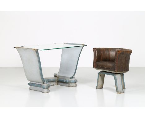Writing desk with chair. Wood. Cm 130,00 x 79,00 x 70,00. Desk in gray and light blue painted wood, Vitrex branded glass top 