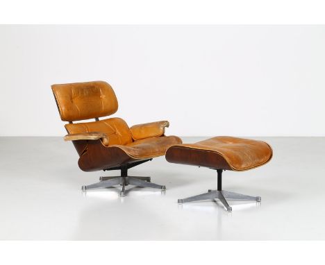 Armchair with ottoman. Wood, metal and leather. . Armchair with Ottoman, for Herman Miller, 50s. They are officially called E