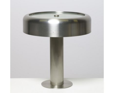Table lamp. Aluminium and glass.. Cm 40,00 x 42,00 x 40,00. Table lamp with brushed aluminum structure and satin glass diffus