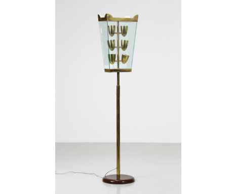 Floor lamp. Glass and brass. Cm 40,00 x 206,00 x 40,50. Floor lamp in brass, lacquered metal and glass, 40s.