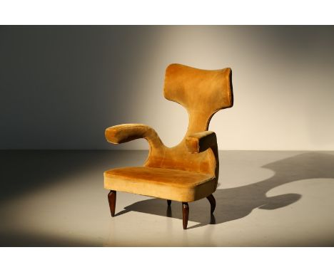 Armchair. Wood and fabric. Cm 73,00 x 95,00 x 66,00. Armchair in wood and original fabric, the only example in the world comi
