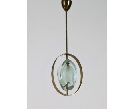 Suspension lamp. Brass and glass. Cm 23,00 x 73,00 x 8,50. Suspension lamp mod. 1933, Per Fontana Arte, 1955. Pair of crystal