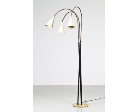 Attribute to. Floor lamp. . Cm 45,00 x 218,00 x 84,00. Floor lamp with marble base, stem in lacquered metal and brass; 50s.