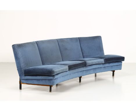 Sofa. . Cm 260,00 x 81,00 x 95,00. Curved sofa with wood and metal frame, padding and covering in velvet paper, for Fratelli 