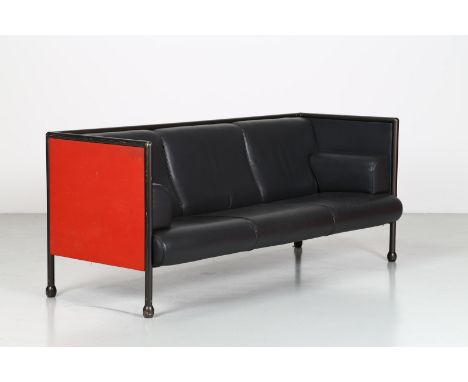 Sofa. Metal and leather. Cm 200,00 x 84,00 x 74,00. Danube 850 three-seater sofa model, for Cassina, 1992.Structure in black 