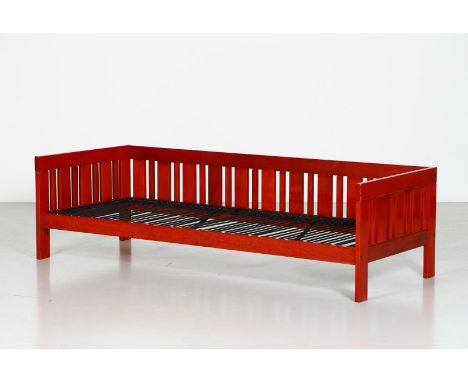 Sofa. Wood and fabric. Cm 200,00 x 57,00 x 80,00. Sofa mod. Califfo, for Poltronova, mid 60s. Red lacquered wood, missing pad