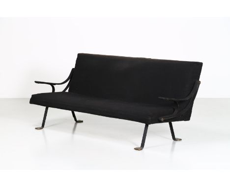 Sofa. fabric, iron and brass. Cm 199,00 x 82,00 x 70,00. Di Gamma two-seater sofa, produced by Gavina,Legs in black painted s