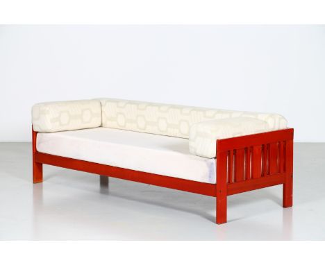 Sofa. Wood and fabric. Cm 200,00 x 57,00 x 80,00. Sofa mod. Califfo, for Poltronova, mid 60s. Red lacquered wood, missing pad