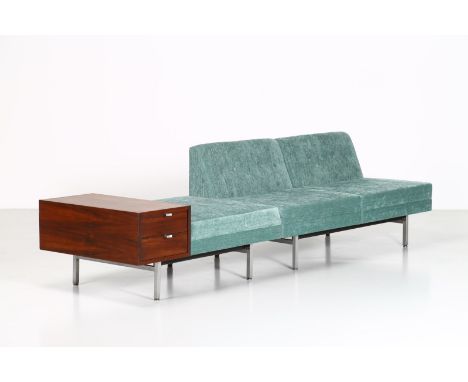 Sofa. Fabric and wood.. Cm 152,00 x 70,00 x 76,00. Modular sofa in aluminum and fabric with rosewood coffee table, for Herman