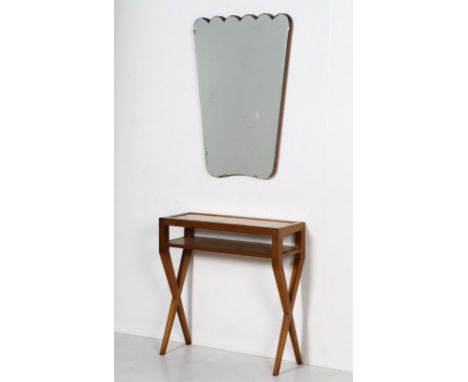 Console and mirror. Wood and mirror. Cm 78,50 x 80,00 x 30,00. Wooden console with mirror, 50s. Mirror size: 91 cm x 63 cm x 