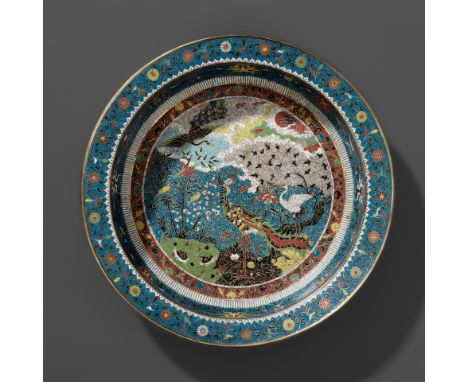 A LARGE ‘BIRDS WORSHIPPING THE PHOENIX’ CLOISONNÃ‰ BASIN, MING DYNASTY 明代大型《百鳥朝鳳》掐絲琺瑯盆Please note this Lot is to be sold at N