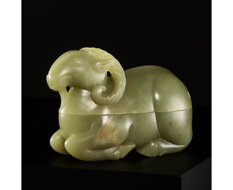 A CARVED CELADON JADE BOX AND COVER IN THE FORM OF A RAM, QING DYNASTY 清代青玉臥羊形蓋盒  Please note this Lot is to be sold at No Re