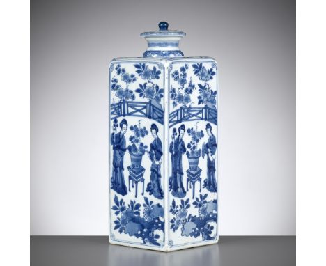 A BLUE AND WHITE RECTANGULAR FLASK AND COVER, KANGXI PERIOD 康熙青花人物方罐Please note this Lot is to be sold at No Reserve. 本拍品不設底價