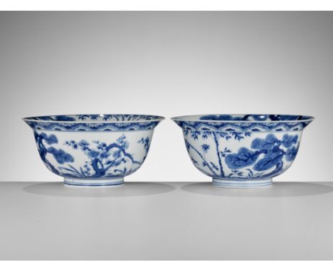 AN ABSOLUTELY PERFECT PAIR OF BLUE AND WHITE ‘THREE FRIENDS OF WINTER’ KLAPMUTS BOWLS, KANGXI PERIOD 康熙一對青花歲寒三友克拉普穆瓷碗Please n