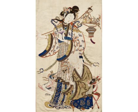 A SILK EMBROIDERED PANEL DEPICTING SHOULAO AND MAGU WITH CRANE AND DEER, LATE 19TH TO EARLY 20TH CENTURY 十九世紀末至二十世紀刺繡麻姑獻壽壽幛Pl