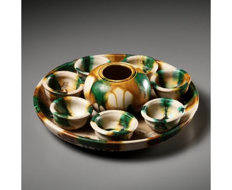 A SANCAI-GLAZED POTTERY TEA SET, TANG DYNASTY 唐代三彩陶茶具一套Please note this Lot is to be sold at No Reserve. 本拍品不設底價China, 618-90