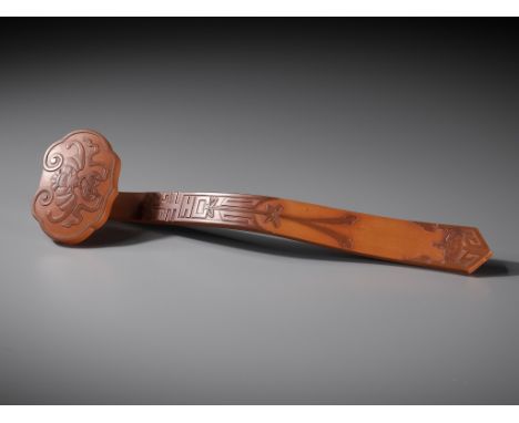 AN EXTREMELY RARE AND FINE BAMBOO-VENEER RUYI SCEPTRE, QIANLONG PERIOD, IMPERIALLY INSCRIBED WITH A POEM COMPOSED IN THE BING