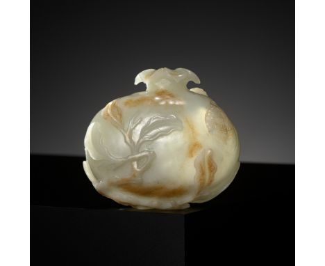 A PALE CELADON AND RUSSET JADE ‘CICADA AND POMEGRANATE’ WATER POT, CHINA, 18TH CENTURY 十八世紀灰白玉雕石榴水盂Please note this Lot is to