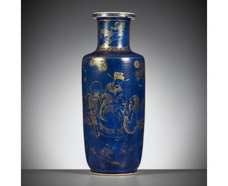 A GILT-DECORATED POWDER-BLUE-GROUND ‘THREE STAR GODS’ ROULEAU VASE, KANGXI PERIOD 康熙霽藍釉描金《福祿壽三星》棒槌瓶Please note this Lot is to