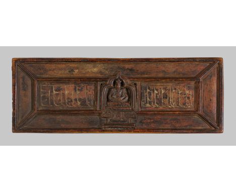 A WOOD MANUSCRIPT COVER DEPICTING PADMASAMBHAVA, TIBET, 13TH-15TH CENTURYPlease note this Lot is to be sold at No Reserve. 本拍